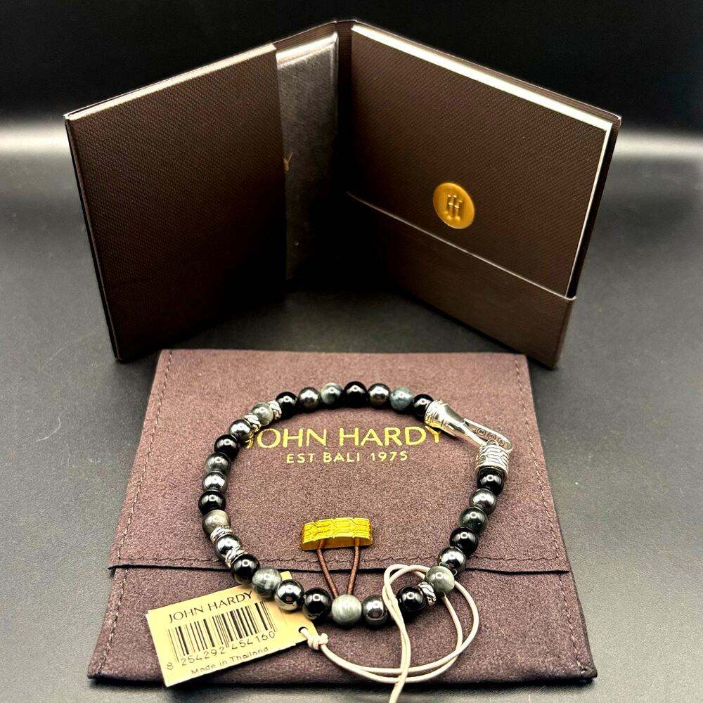 John Hardy Men’s Sterling Silver Beaded Bracelet Onyx Eagle Eye Hematite NIBWT - Picture 2 of 16